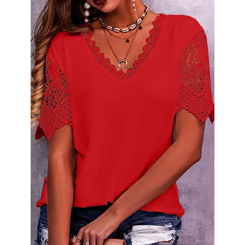 Women Summer Loose V Neck Lace tops